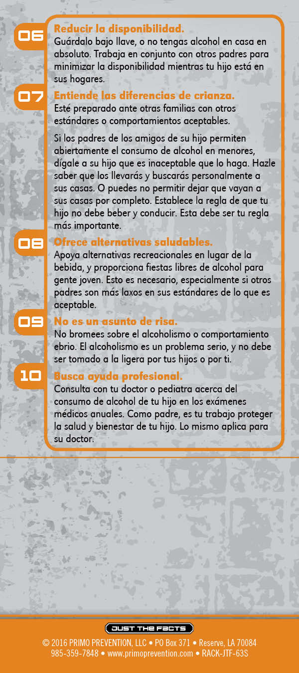 RACK-JTF-63S-Alcohol Free Rack Card-SPAN-BACK *SPANISH* Just the Facts Rack Card: 10 Things To Do To Keep Kids Alcohol Free - Image 3