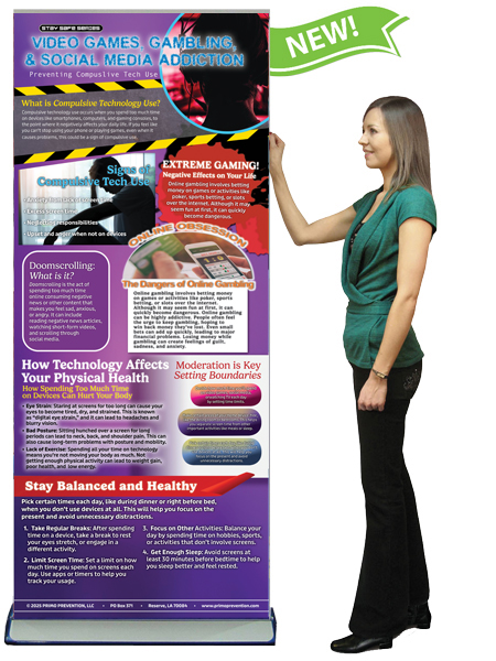 BAN-SSMH-31-video w lady Video Games, Gambling, & Social Media Addiction Retractable Presentation Banner w/Stand