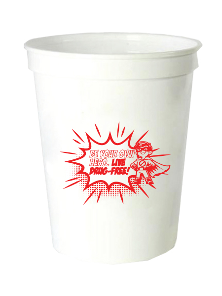 DPM 2026 YOUTH plastic cup WEB Be Your Own Hero. Live Drug-Free! 16oz. White Stadium Cup Youth